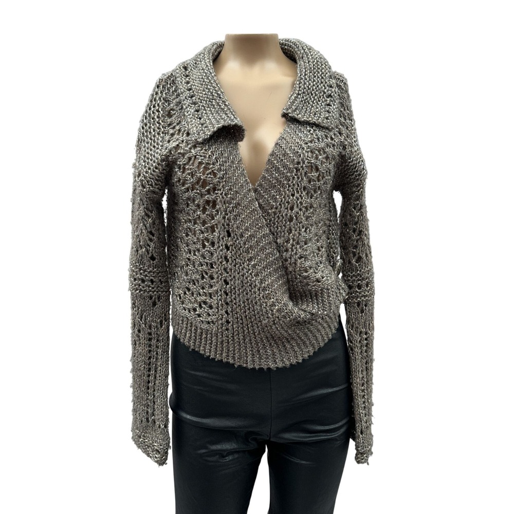 Y2k Anthropologie Hand Knit By Dollie Cropped Metallic Wrap Sweater Gray Women S